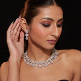 Rhodium Plated Zircon Studded Double Layered Choker Necklace & Dangle Earrings Set