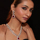 Rhodium Plated Zircon Studded With Red Synthetic Stone Pendant Necklace & Drop Earrings Set