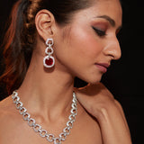 Rhodium Plated Zircon Studded With Red Synthetic Stone Pendant Necklace & Drop Earrings Set