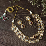 Gold Plated Red Womens Kundan Short Necklace Set with Pair of Earrings