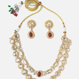Gold Plated Red Womens Kundan Short Necklace Set with Pair of Earrings