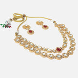 Gold Plated Red Womens Kundan Short Necklace Set with Pair of Earrings