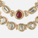 Gold Plated Red Womens Kundan Short Necklace Set with Pair of Earrings