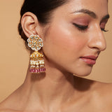 Gold Plated Kundan Studded With Pink Bead Drop Jhumka Earrings