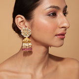 Gold Plated Kundan Studded With Pink Bead Drop Jhumka Earrings