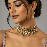 Navratna Jaipuri Kundan Choker Necklace Set with Pearls & Green Beads