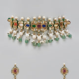 Navratna Jaipuri Kundan Choker Necklace Set with Pearls & Green Beads