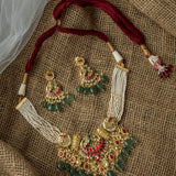 Gold Plated Multicolored Womens Kundan, Polki Necklace Set with Pair of Earrings