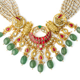 Gold Plated Multicolored Womens Kundan, Polki Necklace Set with Pair of Earrings