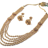 Isvaraah Gold Plated Womens Temple Long Necklace Set with Pair of Earrings (Freesize)
