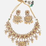 Gold Plated Yellow & Red Womens Kundan Choker Necklace Set with Pair of Earrings
