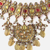 Gold Plated Yellow & Red Womens Kundan Choker Necklace Set with Pair of Earrings