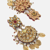 Gold Plated Yellow & Red Womens Kundan Choker Necklace Set with Pair of Earrings