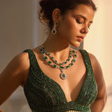 Silver Plated Green Womens Short Necklace Set with Pair of Earrings