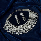 Silver Plated Blue Womens Zircon Choker Necklace Set with Pair of Earrings
