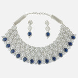Silver Plated Blue Womens Zircon Choker Necklace Set with Pair of Earrings