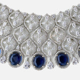 Silver Plated Blue Womens Zircon Choker Necklace Set with Pair of Earrings