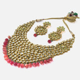 Gold Plated Red Womens Short Necklace Set with Pair of Earrings