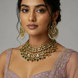 Emerald Green Jaipuri Kundan Pearl Bridal Choker Set with Statement Earrings
