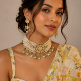 Floral Pearl Jaipuri Kundan Choker Necklace Set with Pastel Green Stone Drops
