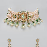Floral Pearl Jaipuri Kundan Choker Necklace Set with Pastel Green Stone Drops