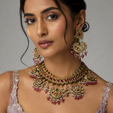 Royal Jaipuri Kundan Ruby Green Choker Necklace Set with Statement Earrings