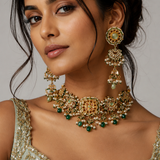Navratna Jaipuri Kundan Choker Set with Statement Earrings