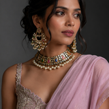 Navratna Pastel Jaipuri Kundan Multicolor Choker Set with Statement Earrings
