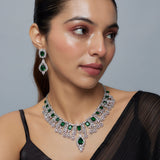 Zia Silver Plated Green Womens Zircon Short Necklace Set with Pair of Earrings