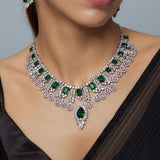 Zia Silver Plated Green Womens Zircon Short Necklace Set with Pair of Earrings