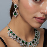 Zia Silver Plated Green Womens Zircon Short Necklace Set with Pair of Earrings