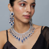 Zia Silver Plated Blue Womens Zircon Short Necklace Set with Pair of Dangler Earrings & Maangtikka