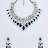 Zia Silver Plated Blue Womens Zircon Short Necklace Set with Pair of Dangler Earrings & Maangtikka