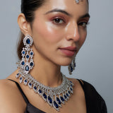 Zia Silver Plated Blue Womens Zircon Short Necklace Set with Pair of Dangler Earrings & Maangtikka