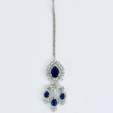 Zia Silver Plated Blue Womens Zircon Short Necklace Set with Pair of Dangler Earrings & Maangtikka