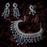 Zia Silver Plated Blue Womens Zircon Short Necklace Set with Pair of Dangler Earrings & Maangtikka