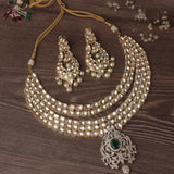 Saadgi Gold Plated Green Womens Short Necklace Set with Pair of Earrings