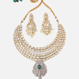 Saadgi Gold Plated Green Womens Short Necklace Set with Pair of Earrings