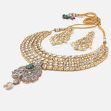 Saadgi Gold Plated Green Womens Short Necklace Set with Pair of Earrings