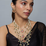Saadgi Gold Plated White Womens Kundan Polki Long Necklace Set with Pair of Earrings