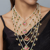 Saadgi Gold Plated White Womens Kundan Polki Long Necklace Set with Pair of Earrings