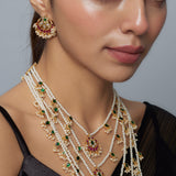 Saadgi Gold Plated White Womens Kundan Polki Long Necklace Set with Pair of Earrings
