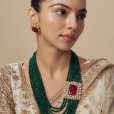 Antara Gold Plated Green Womens Kundan Polki Mala Necklace Set with Pair of Earrings