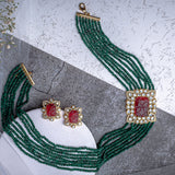Antara Gold Plated Green Womens Kundan Polki Mala Necklace Set with Pair of Earrings