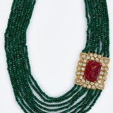 Antara Gold Plated Green Womens Kundan Polki Mala Necklace Set with Pair of Earrings