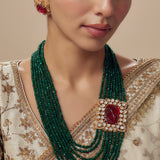 Antara Gold Plated Green Womens Kundan Polki Mala Necklace Set with Pair of Earrings