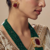 Antara Gold Plated Green Womens Kundan Polki Mala Necklace Set with Pair of Earrings