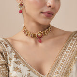 Morpankh Gold Plated Pink Womens Beaded Choker Necklace Set with Pair of Earrings