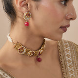 Morpankh Gold Plated Pink Womens Beaded Choker Necklace Set with Pair of Earrings