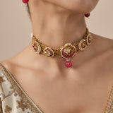 Morpankh Gold Plated Pink Womens Beaded Choker Necklace Set with Pair of Earrings